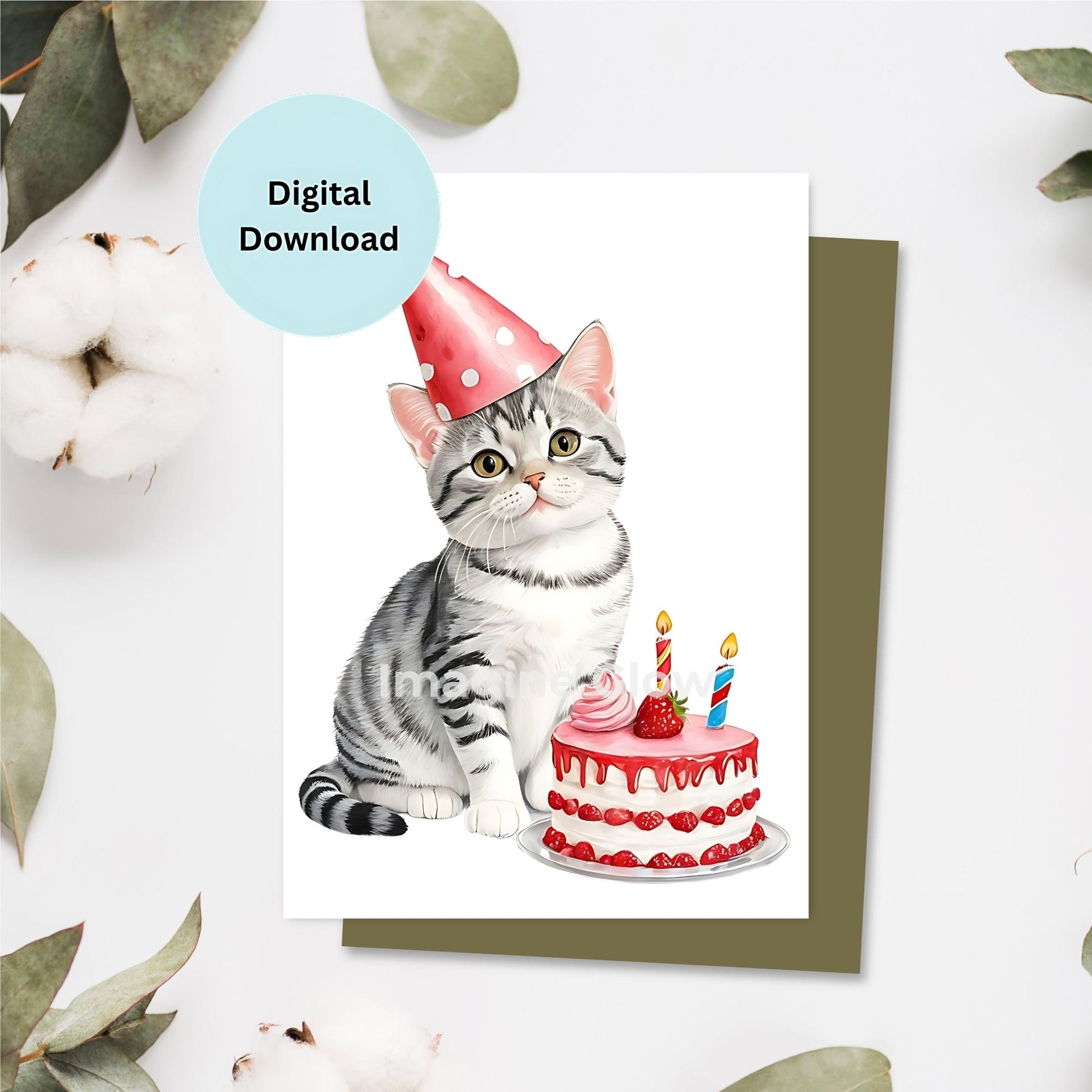 American Shorthair Cat Birthday Card - Strawberry Drip Cake Design