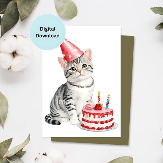 American Shorthair Cat Birthday Card - Strawberry Drip Cake Design