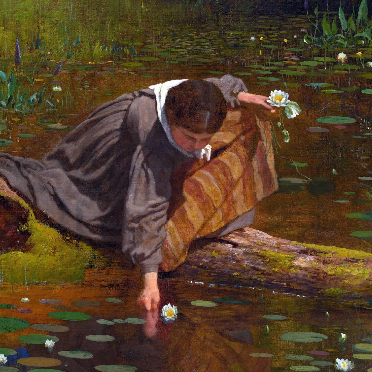 Antique-inspired wall art of a girl collecting lilies from the garden - zoom in