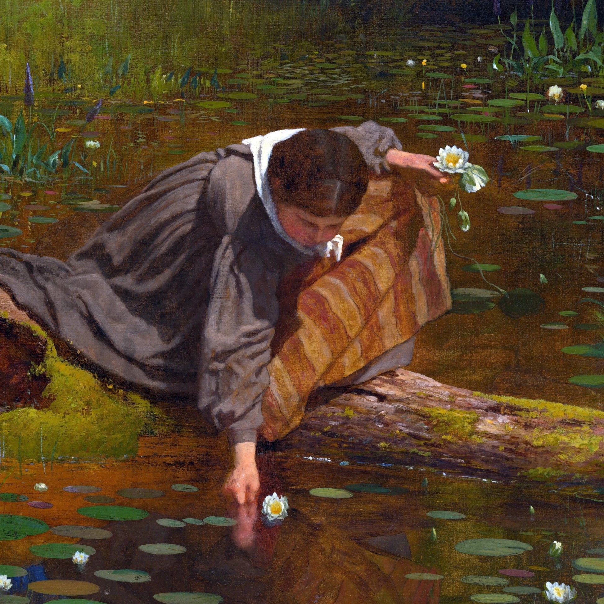 Antique-inspired wall art of a girl collecting lilies from the garden - zoom in
