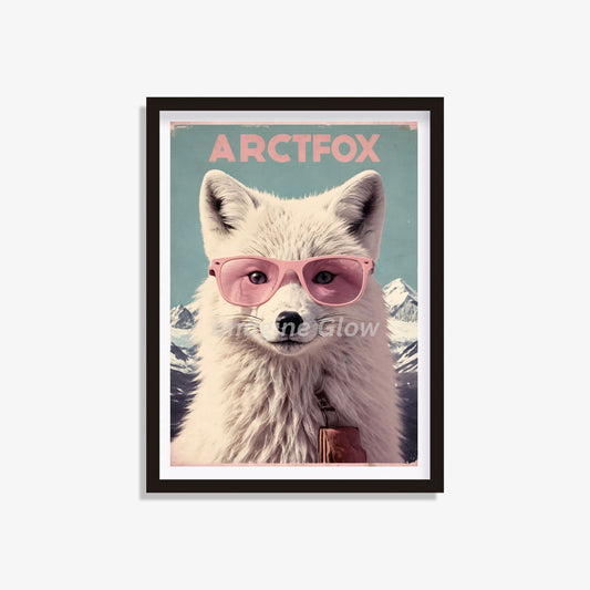 Arctic fox wearing glasses in a retro travel poster style, printable art