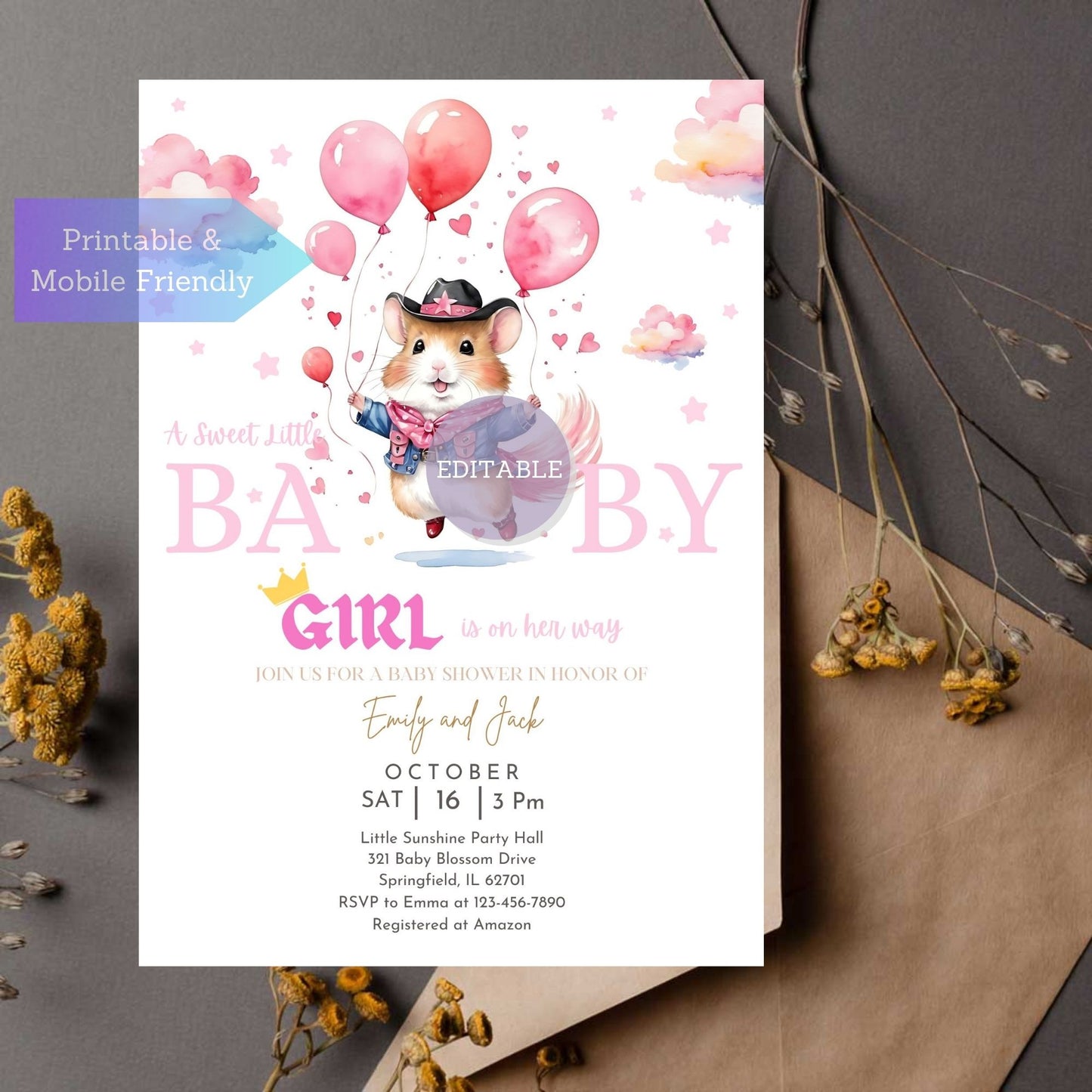 Baby girl shower party invitation featuring cute hamsters for a fun 