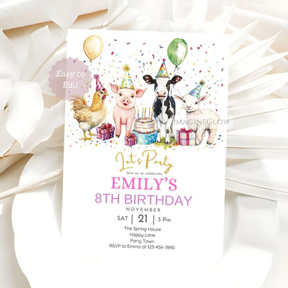 Pig birthday invitation farm theme
Lamb cow hen pig party invite

