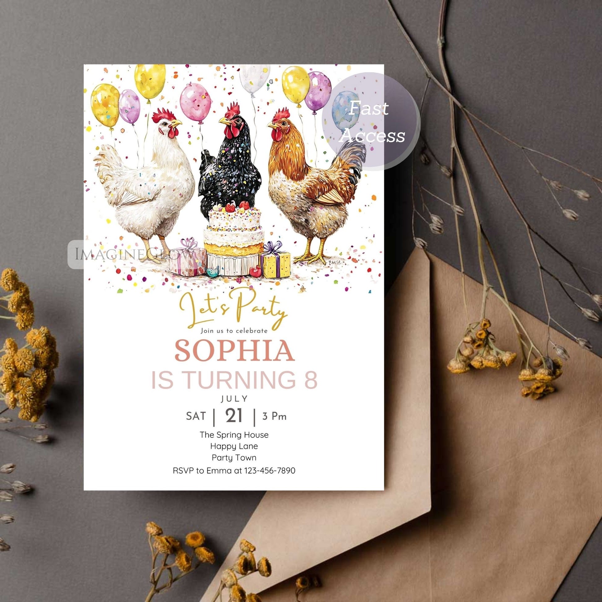 Hen themed kids birthday party invite
