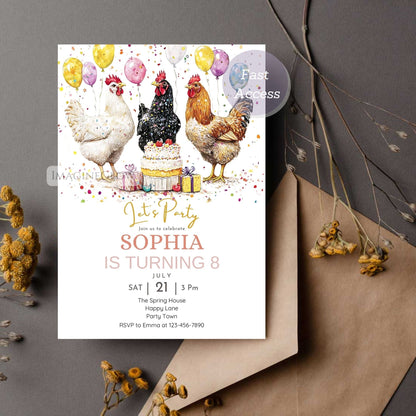 Hen themed kids birthday party invite
