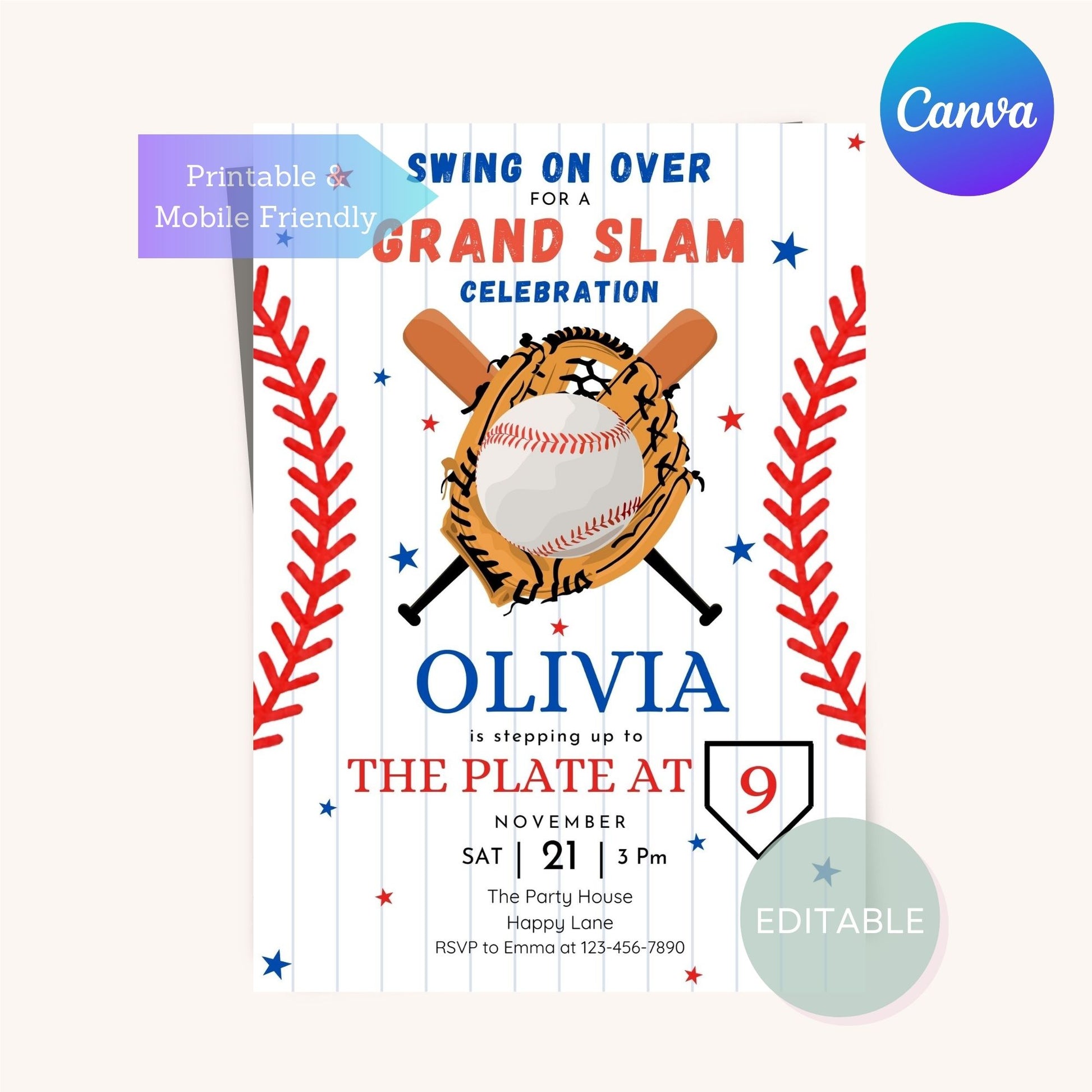 Customizable Baseball-Themed Party Invitation Template - Perfect for Kids & Adults - Editable in Canva