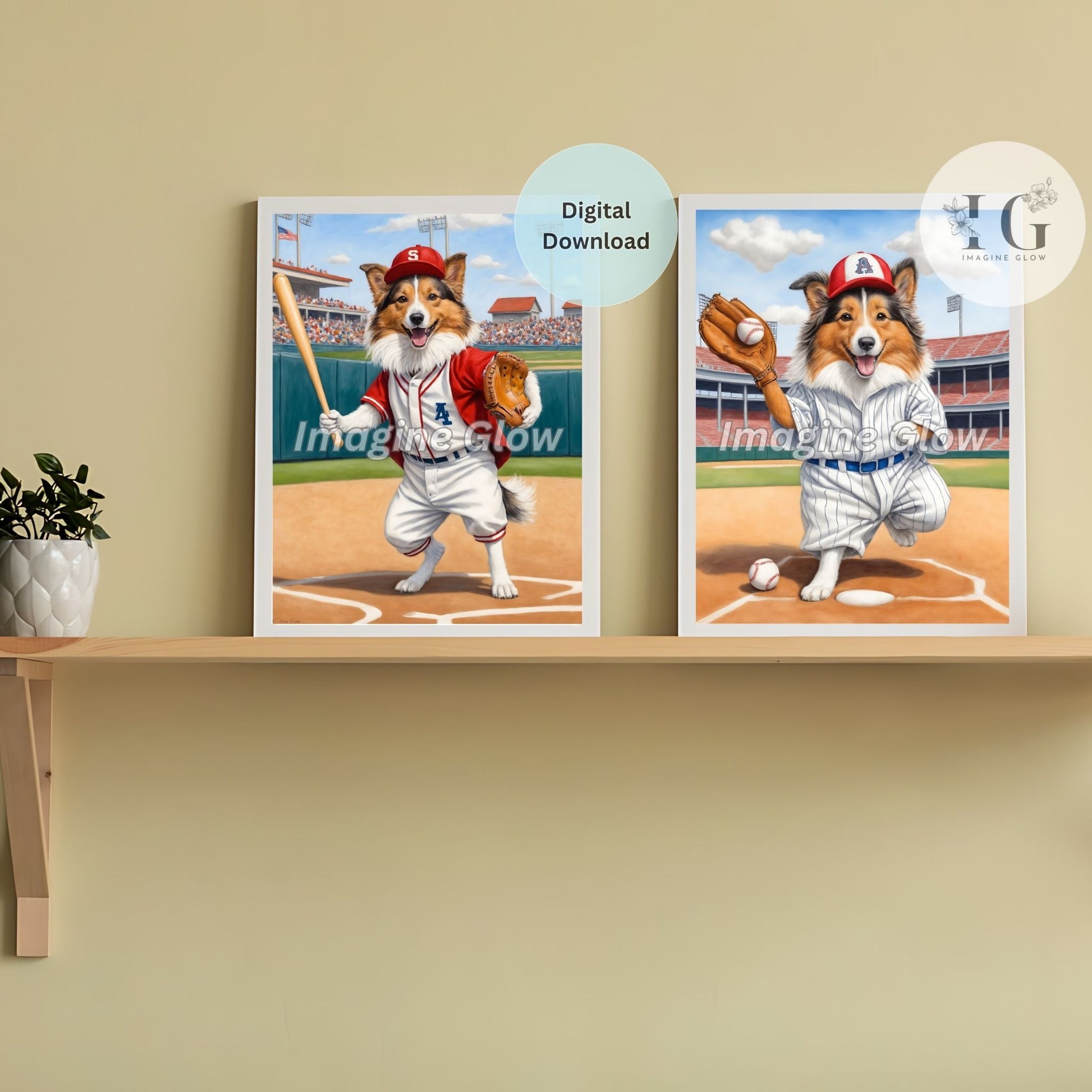 Baseball-themed printable wall art with Rough Collie dog illustration.