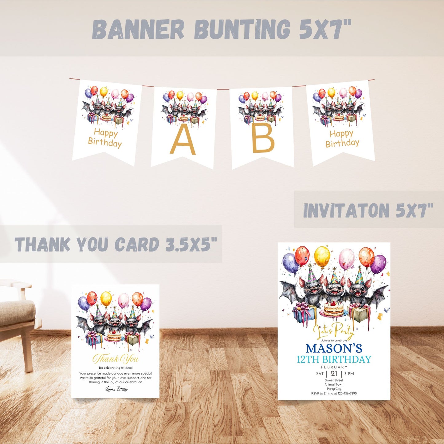 Bat thank you card for kids party
Bat party printable banner bunting
