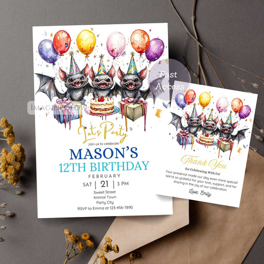 Bat birthday party invitation bundle
Editable bat-themed birthday invite
