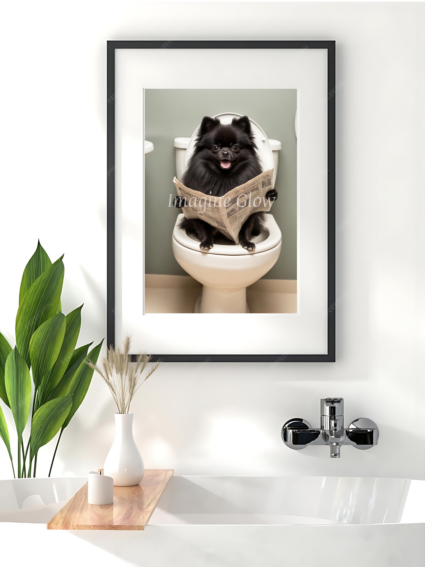 a Pomeranian dog sitting on the toilet