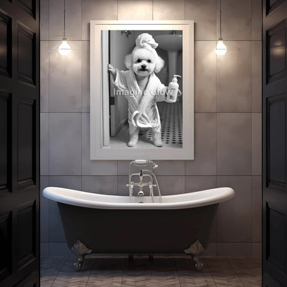 bath time art featuring a Bichon Frise Maltese Stylish Bichon black and white bathroom print