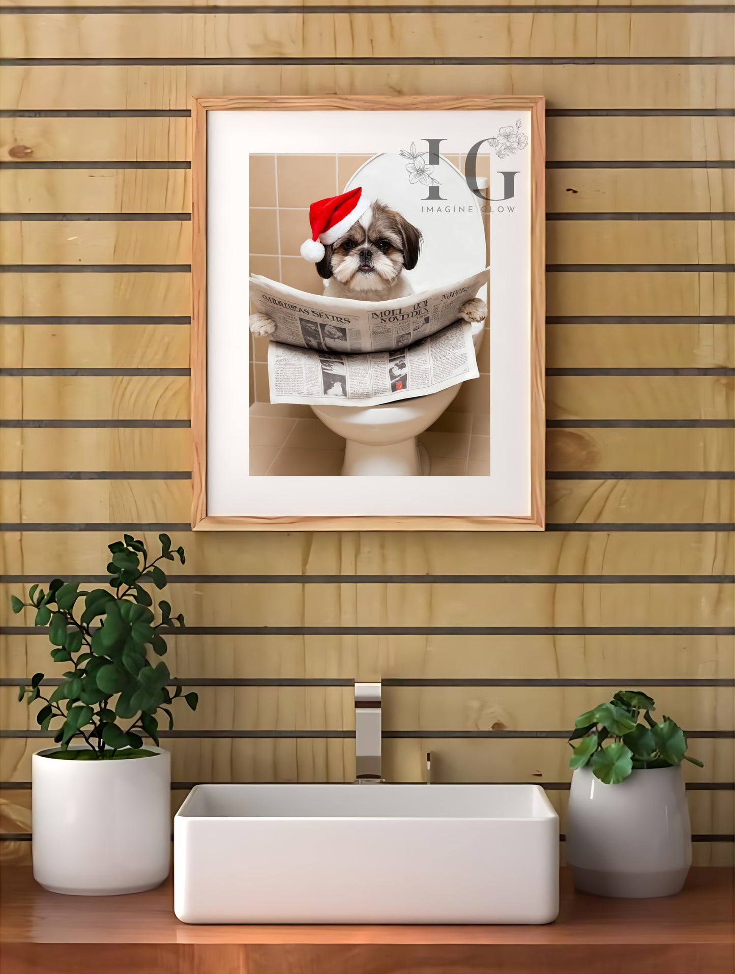 Festive holiday decor featuring a Shih Tzu dog in a toilet, available as printable wall art.