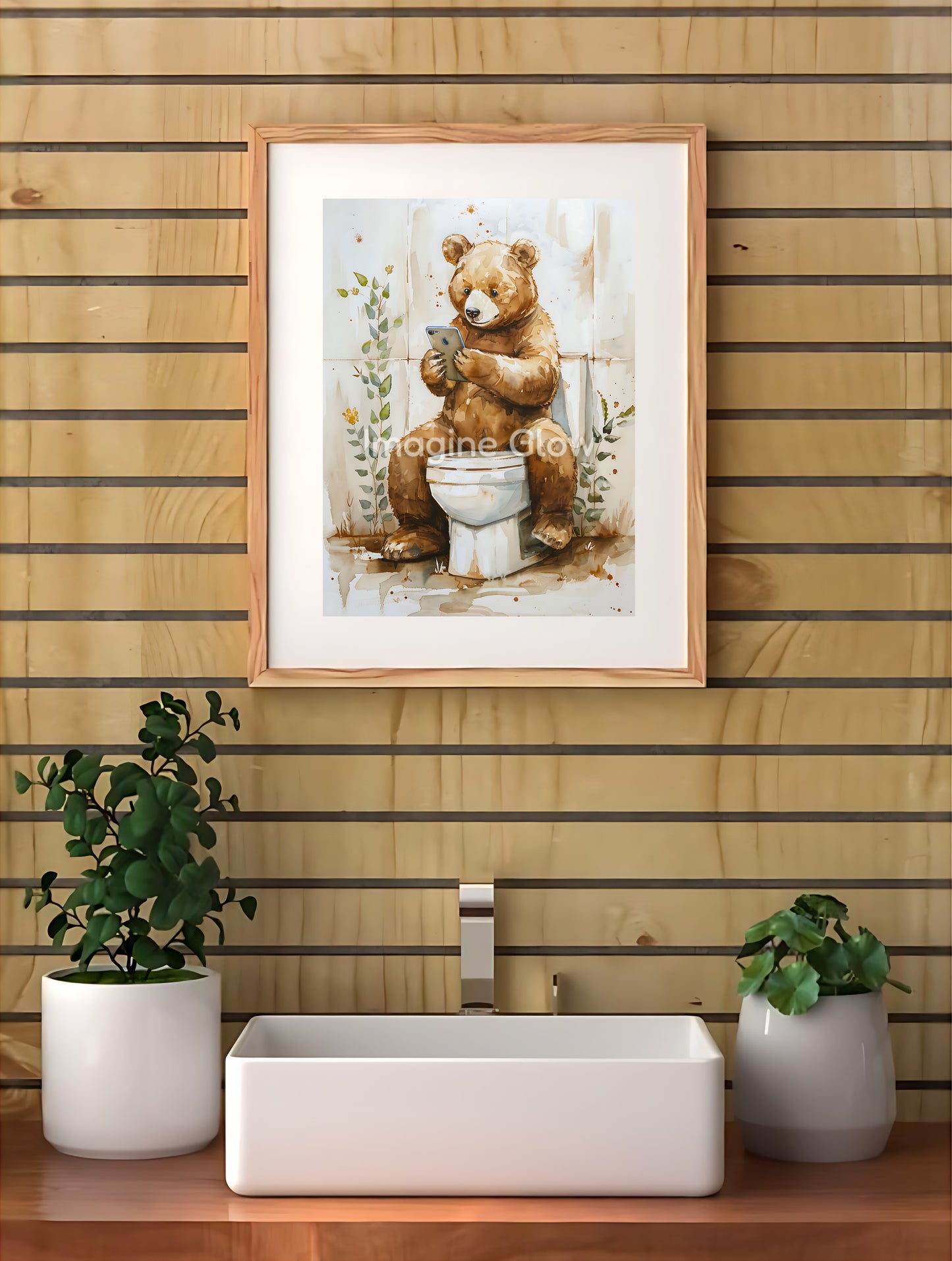 Humorous bear in toilet design for bathroom decor.