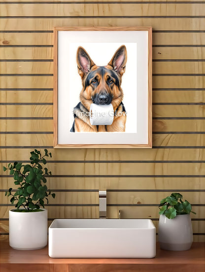 Humorous bathroom wall art featuring a cute German Shepherd in a toilet