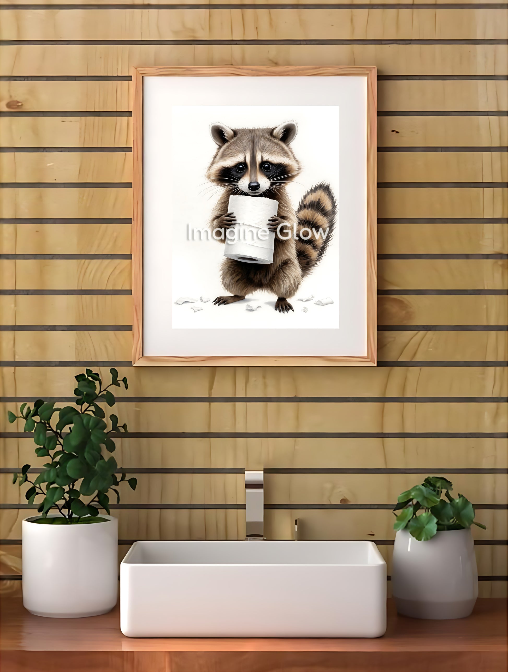 Quirky raccoon artwork perfect for bathroom or powder room decor