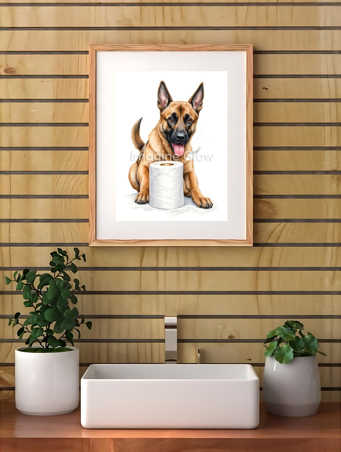 Humorous Belgian Malinois dog in toilet for quirky bathroom decor.