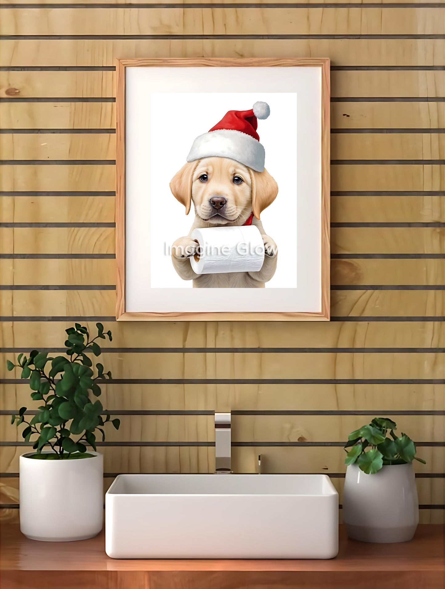 Festive holiday decor featuring a Golden Retriever puppy in a toilet, available as printable art.