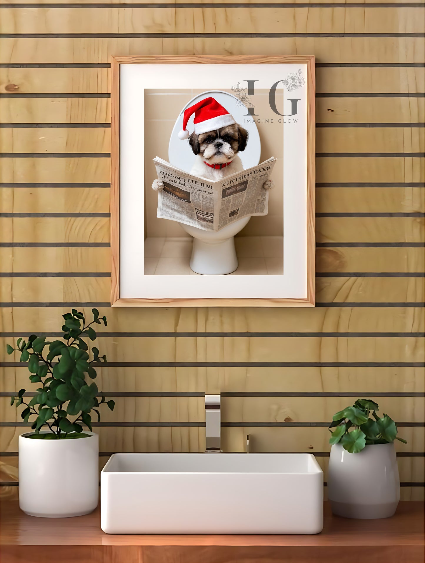 Holiday decor featuring a Shih Tzu dog in a toilet, available as printable wall art.