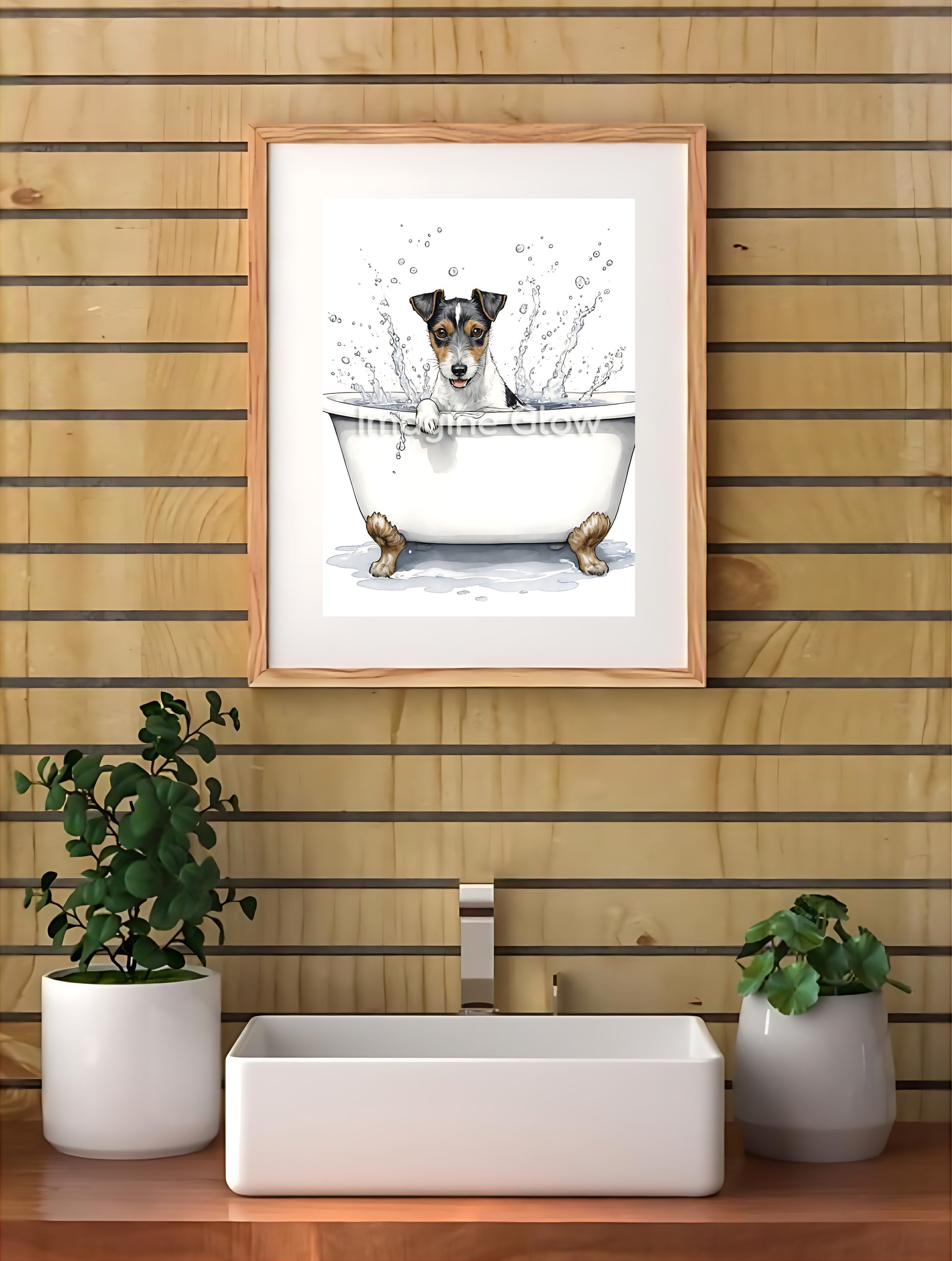 Humorous bathroom wall art showcasing a playful Jack Russell enjoying a bubbly bath