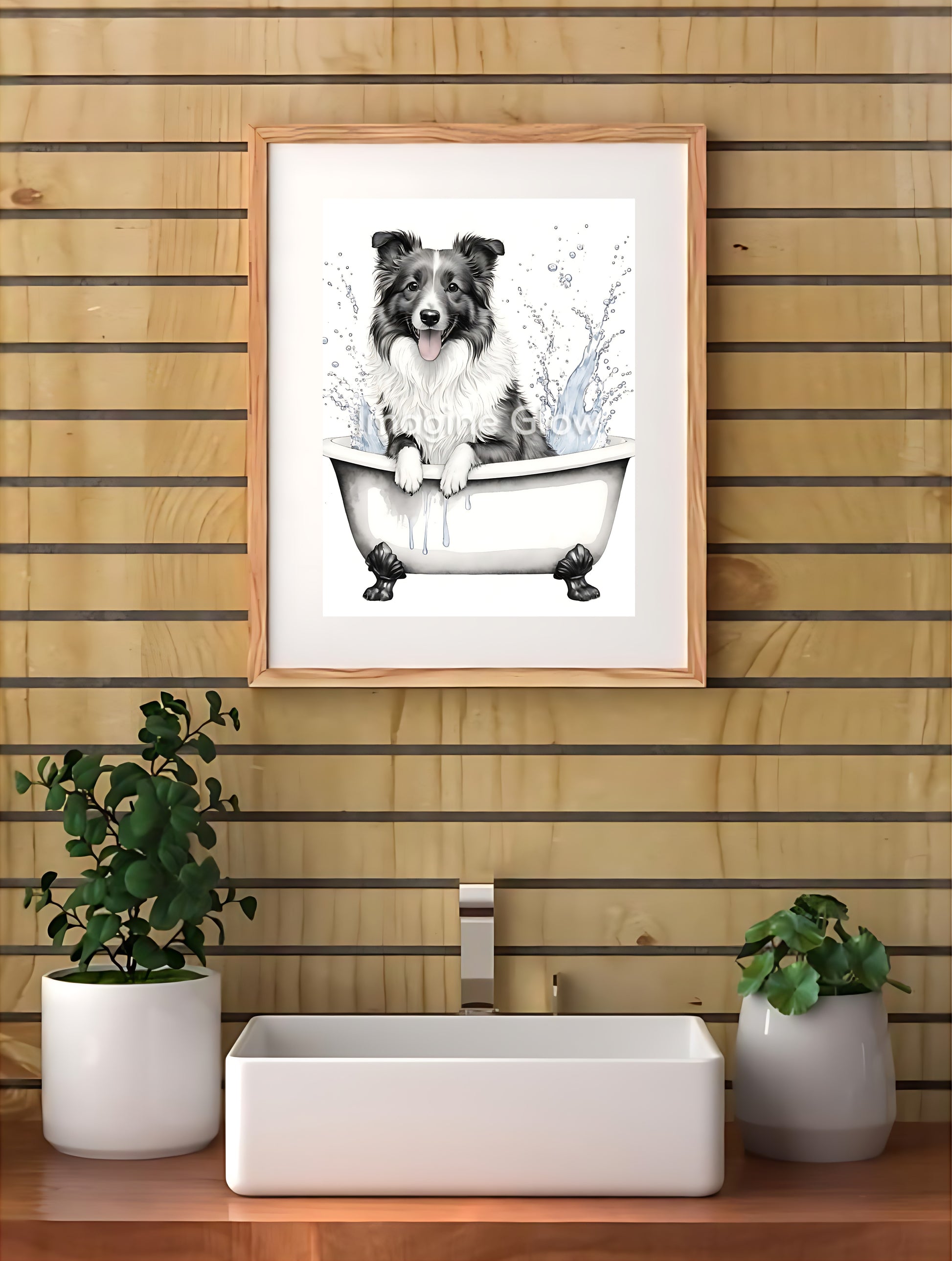 Humorous Border Collie dog in bathtub design for quirky bathroom decor.