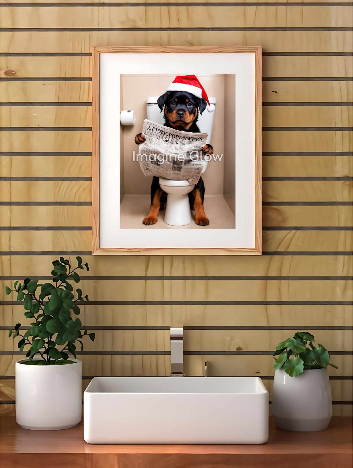 Festive printable wall art featuring a Rottweiler in a funny bathroom scene.