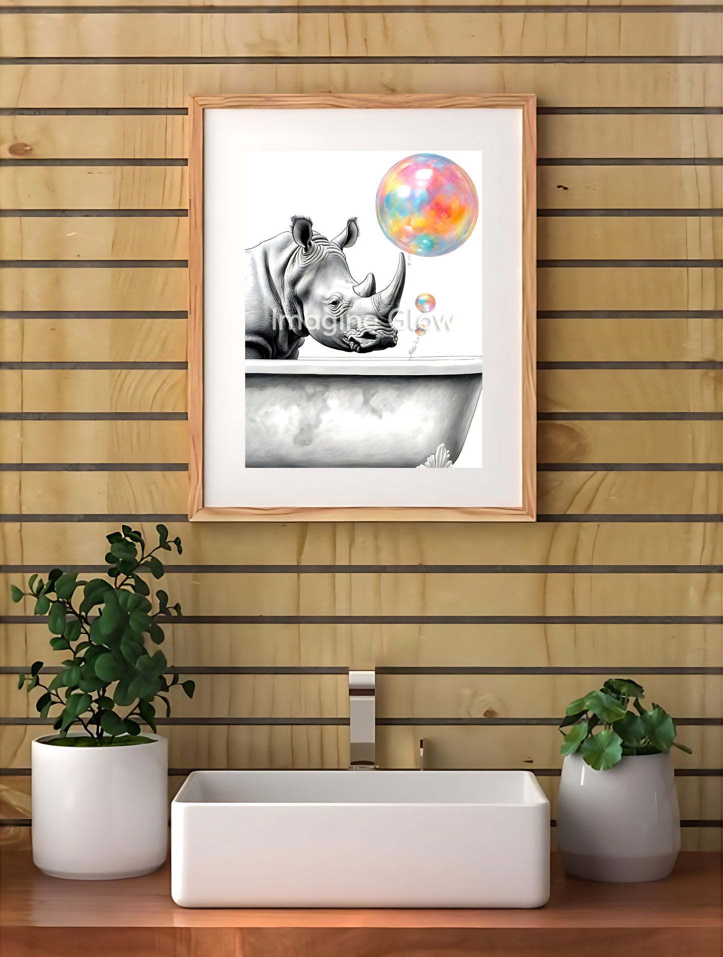 Funny bathroom wall art featuring a rhinoceros relaxing in a bubble bath