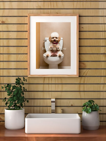 Funny bathroom wall art showcasing a cute poodle in a toilet