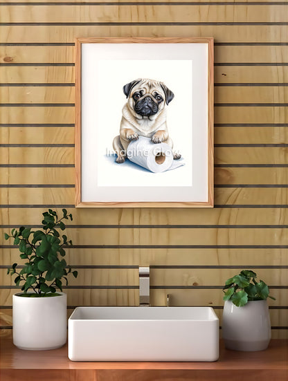 Humorous bathroom wall art featuring a cute pug on a toilet