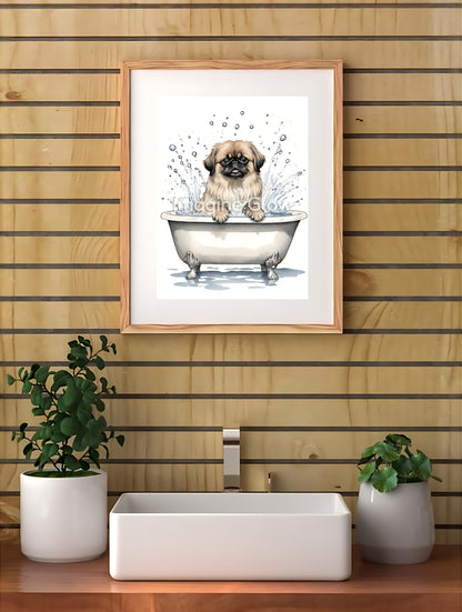 Adorable bathroom wall art showcasing a fluffy Pekingese in a bath