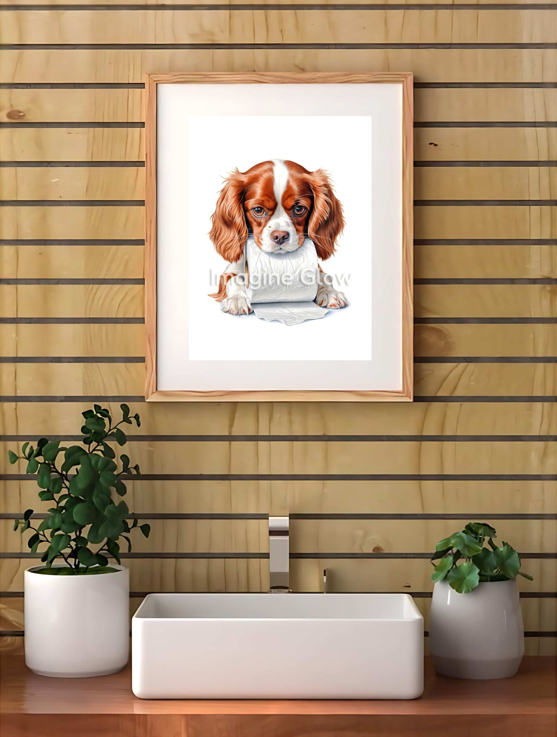 Funny printable art of a Cavalier King Charles Spaniel in a toilet for bathroom decor.