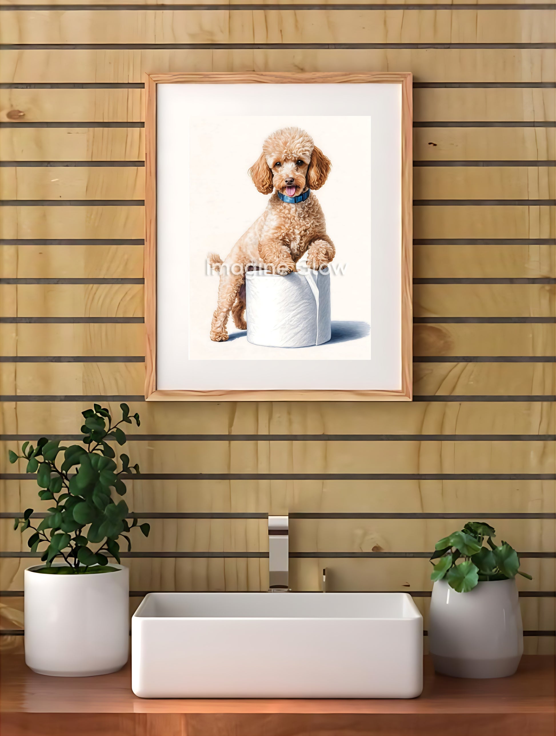 Funny bathroom wall art with a cute poodle on a toilet