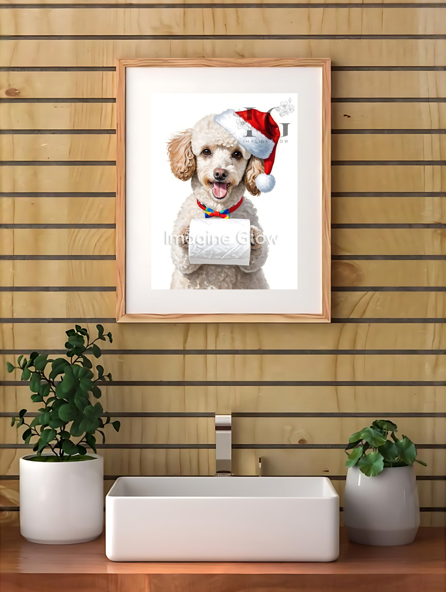 Festive holiday decor featuring a Poodle dog sitting in a toilet, available as printable art.