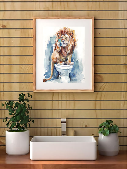 Humorous bathroom wall art featuring a lion in a quirky toilet scene