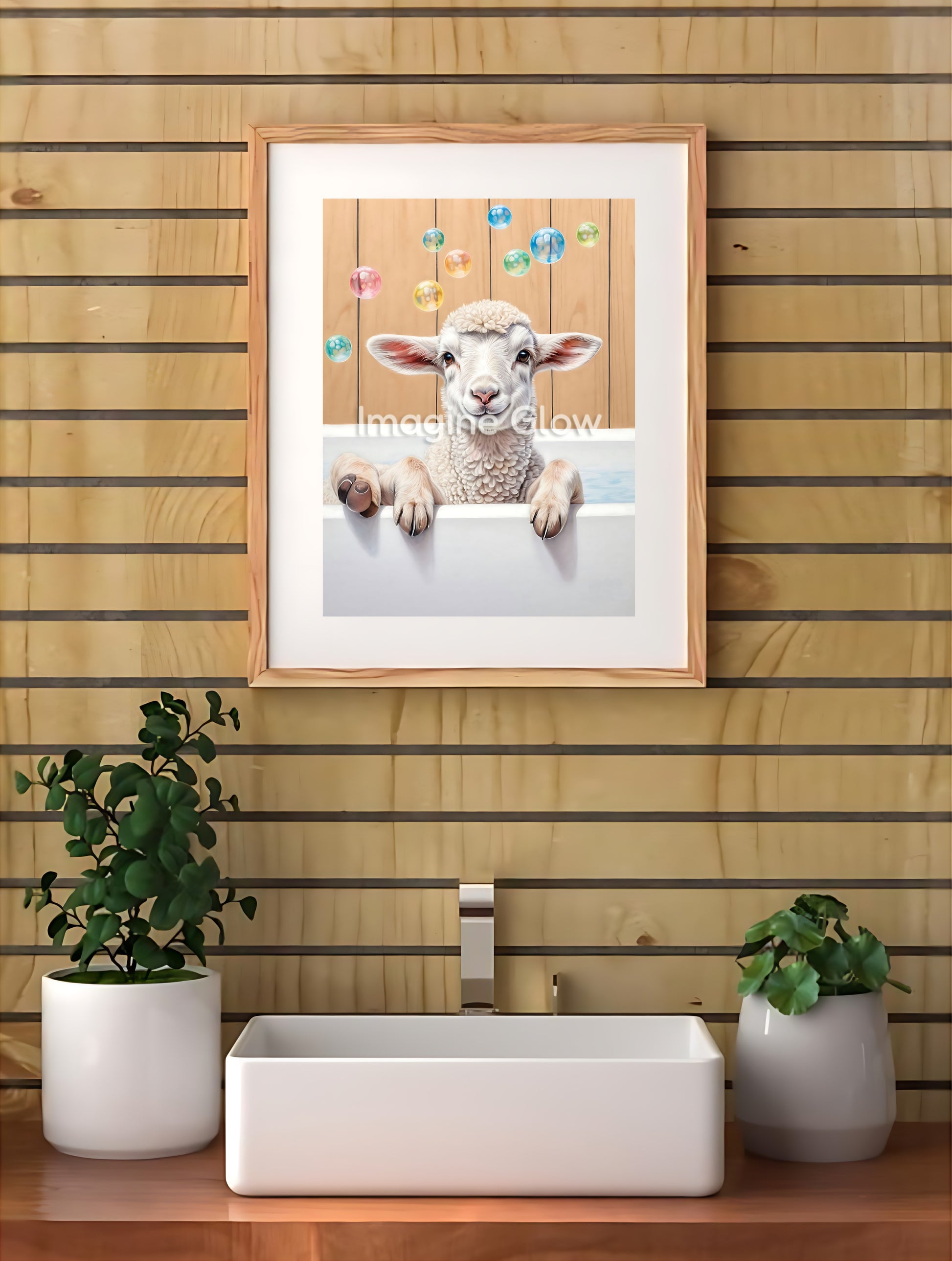 Adorable bathroom wall art showing a playful lamb in a bubbly bathtub