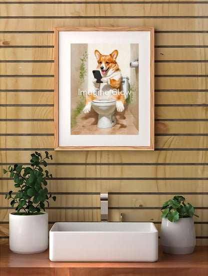 Funny bathroom wall art featuring a cute Corgi in a toilet