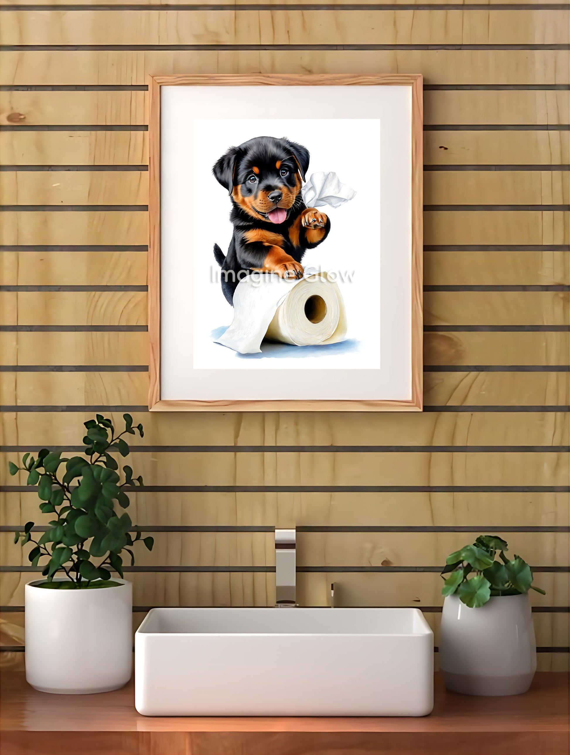 Funny bathroom wall art with a cute Rottweiler on a toilet