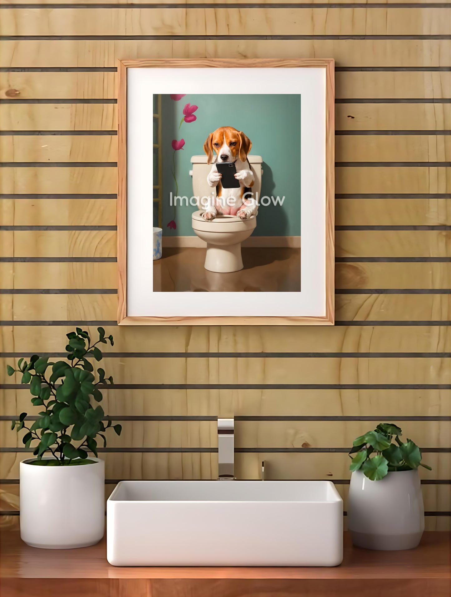 Humorous Beagle dog in toilet design for bathroom decor.