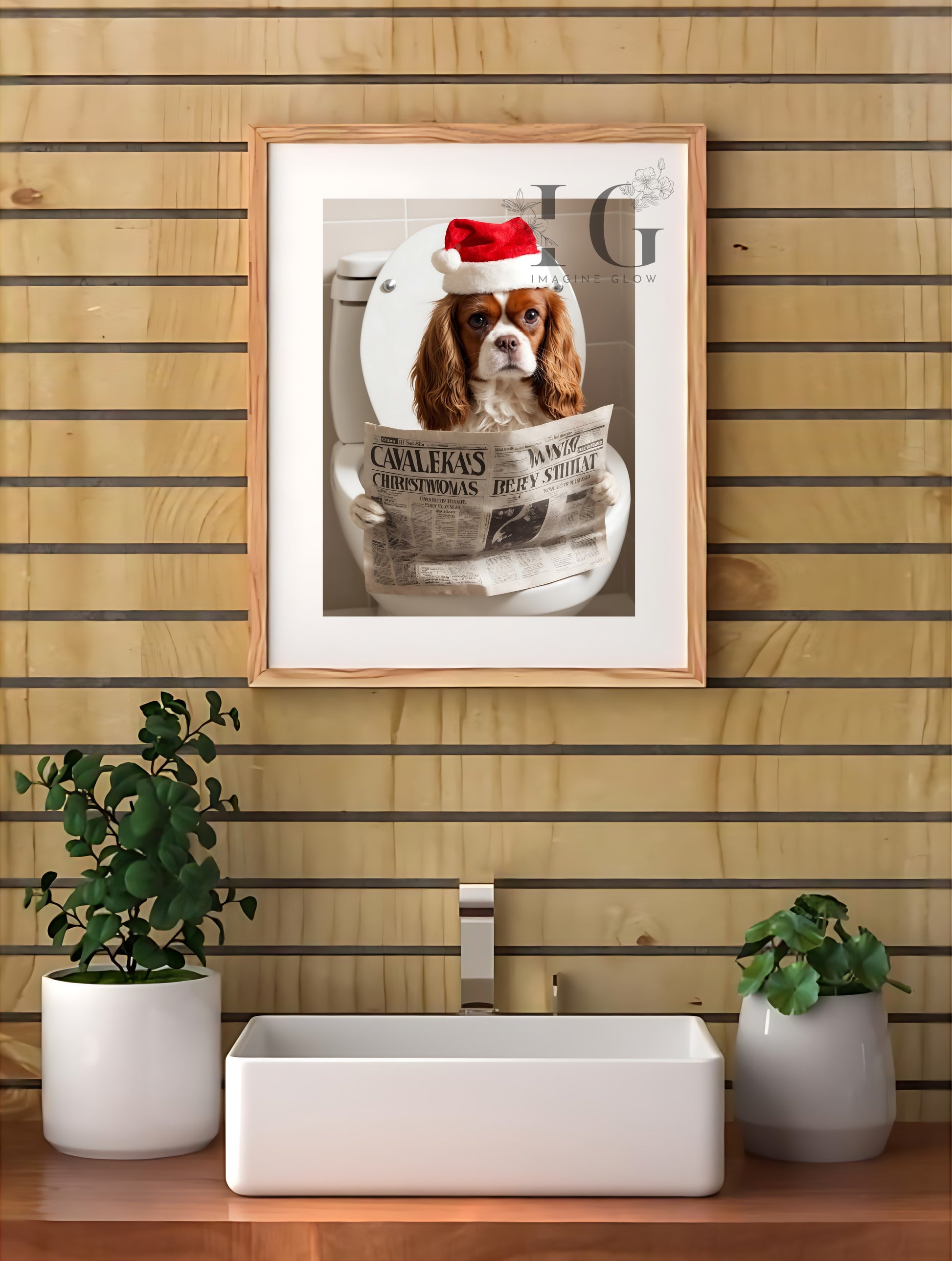 Festive wall art featuring a Cavalier King Charles Spaniel in a funny bathroom scene.