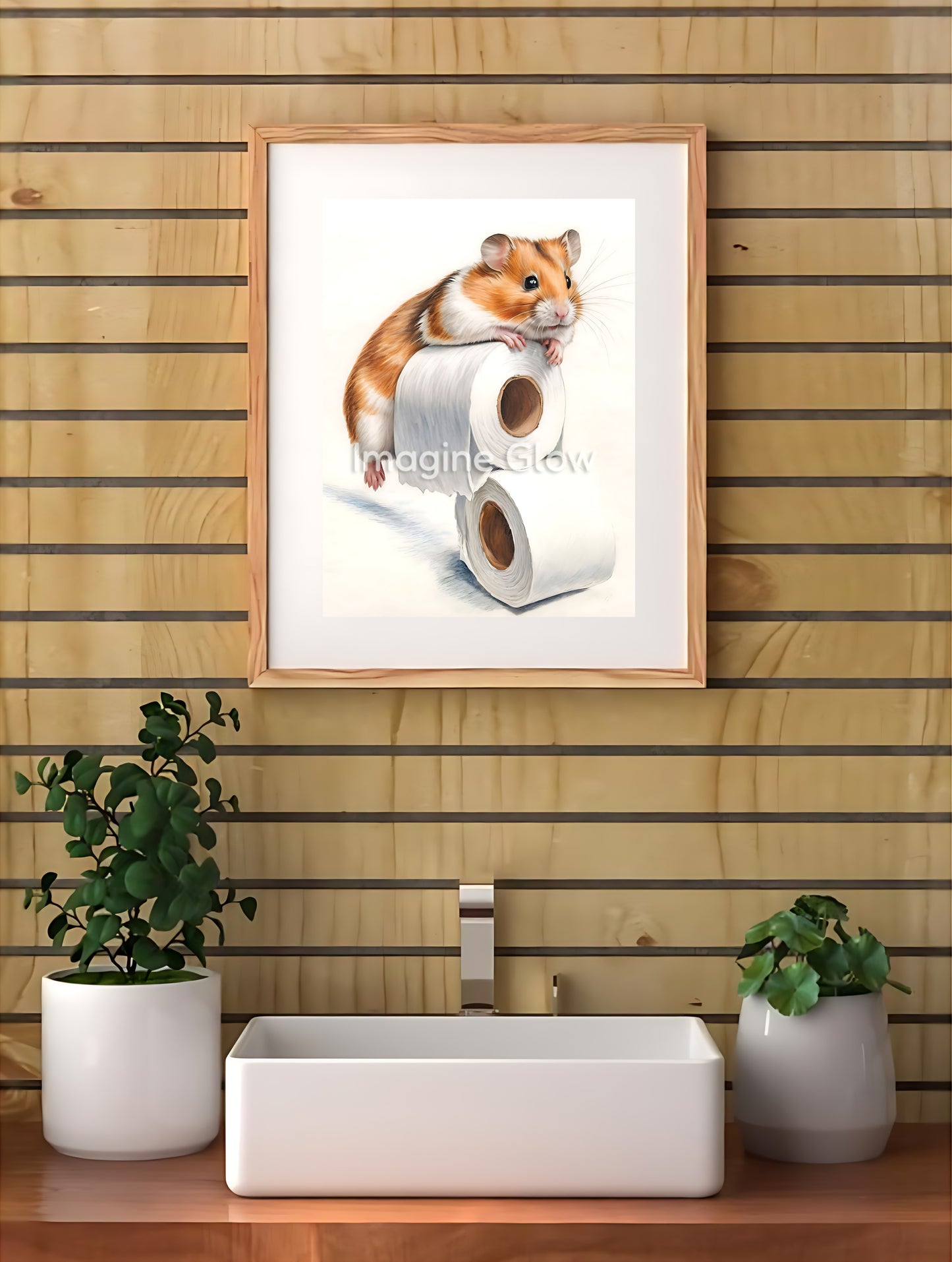 Humorous bathroom wall art featuring a cute hamster on a toilet