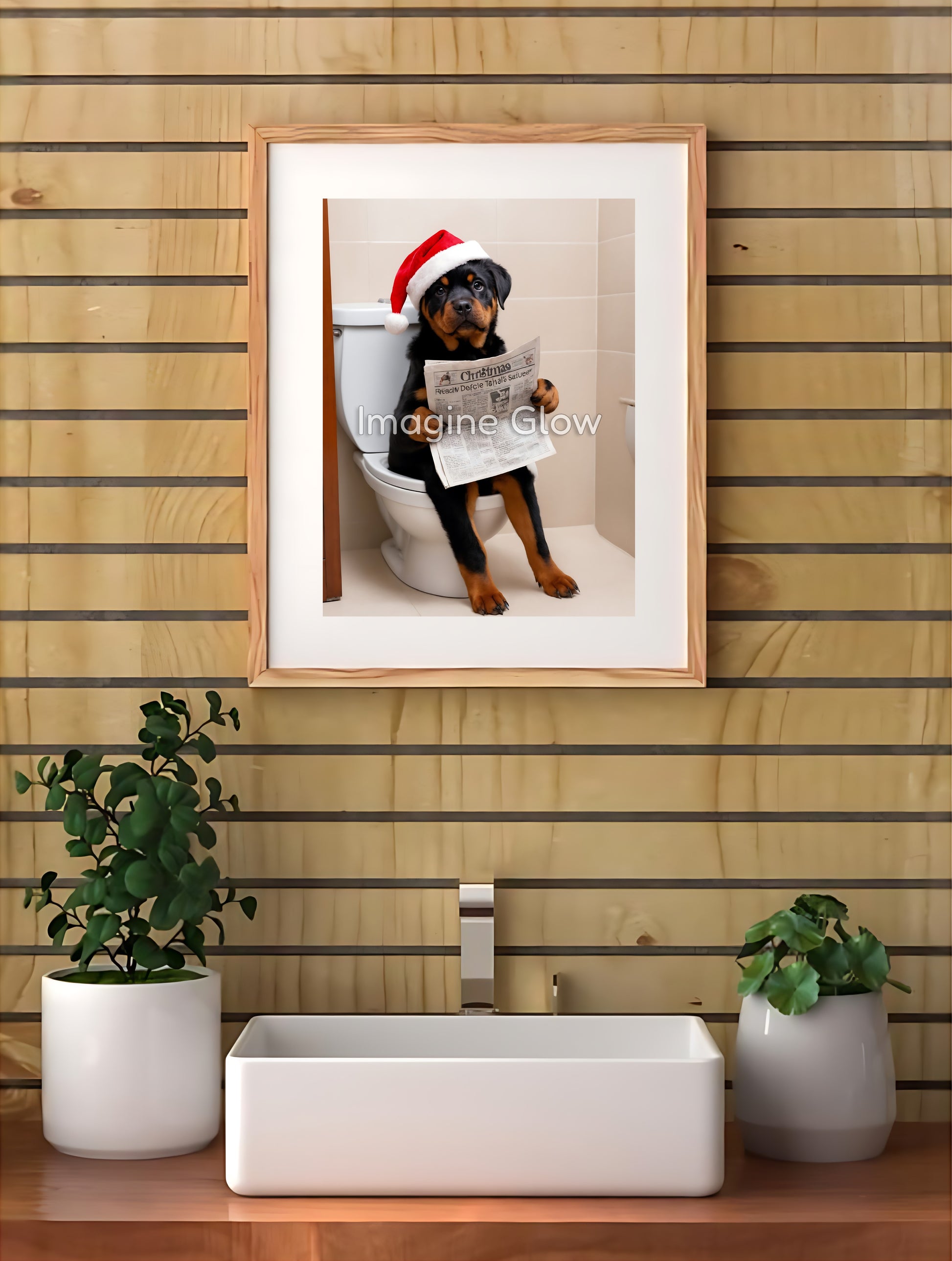 Festive printable wall art featuring a Rottweiler in a funny bathroom scene.