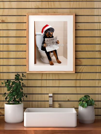 Festive printable wall art featuring a Rottweiler in a funny bathroom scene.