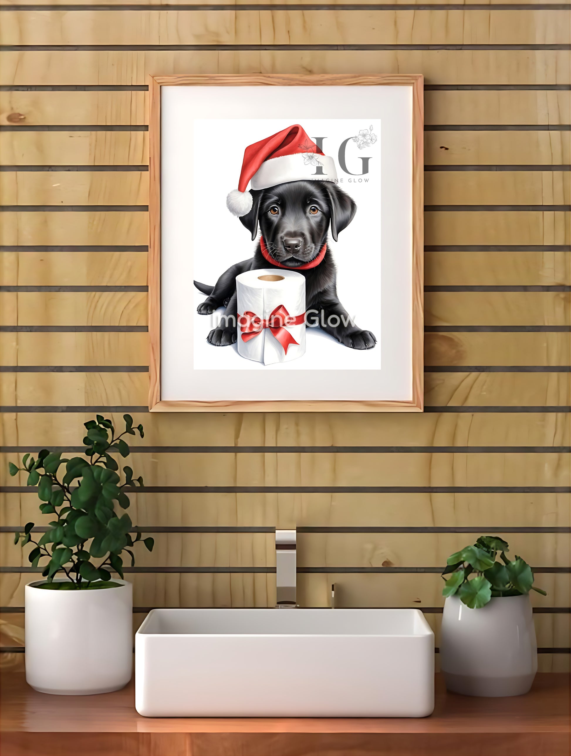 Festive holiday decor featuring a Retriever puppy in a toilet, available as printable art.