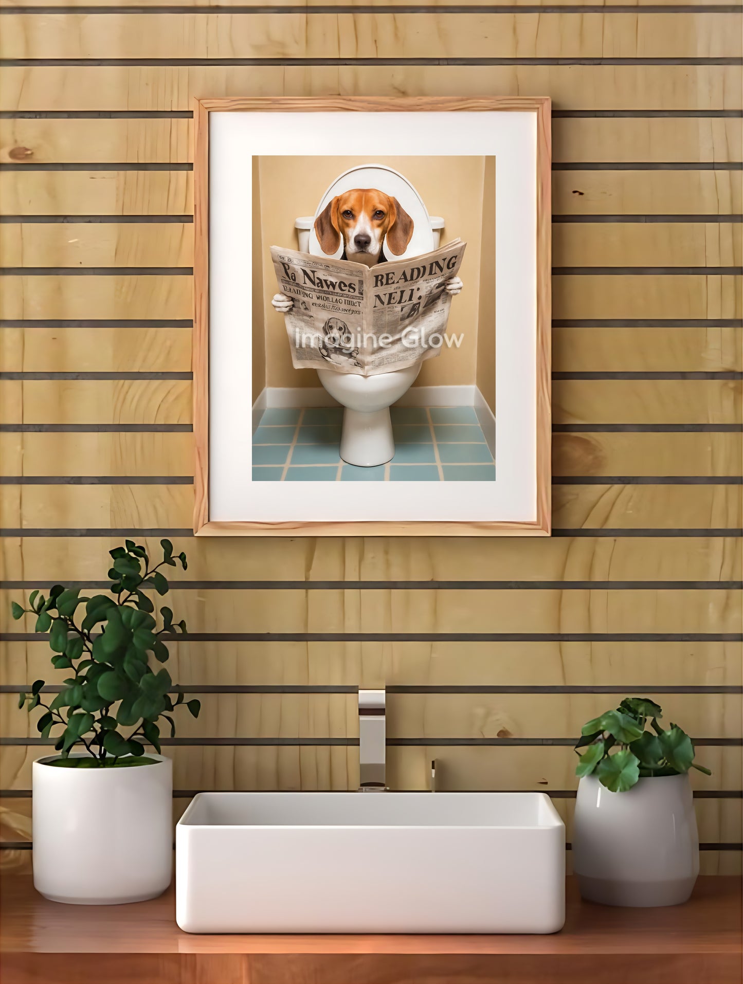 Humorous Beagle dog in toilet design for bathroom wall decor.