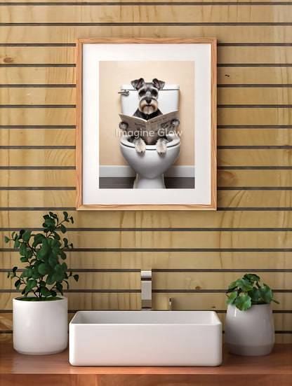 Funny bathroom wall art showcasing a cute schnauzer in a toilet