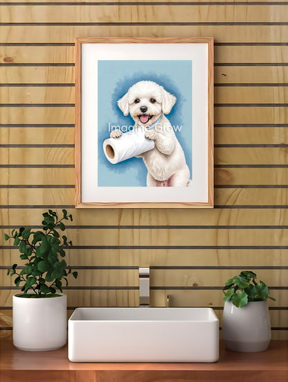 Humorous Bichon Frise dog in the toilet design for playful bathroom decor.