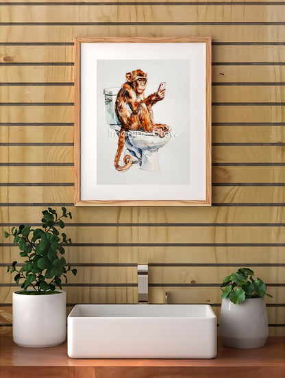 Humorous bathroom wall art featuring a playful monkey in a quirky toilet scene