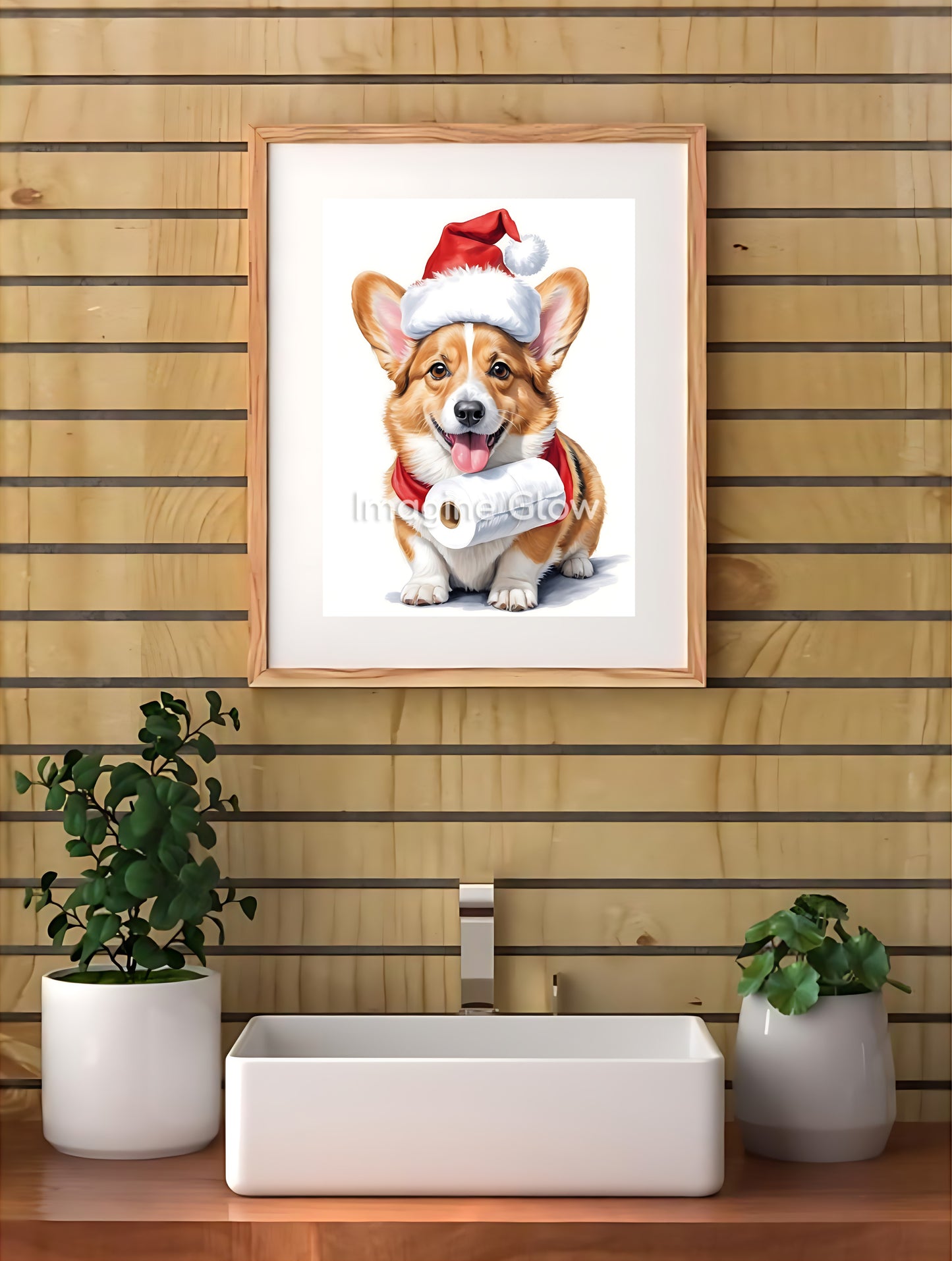 Fun and festive holiday decor featuring a Welsh Corgi dog in a toilet, available as printable art.