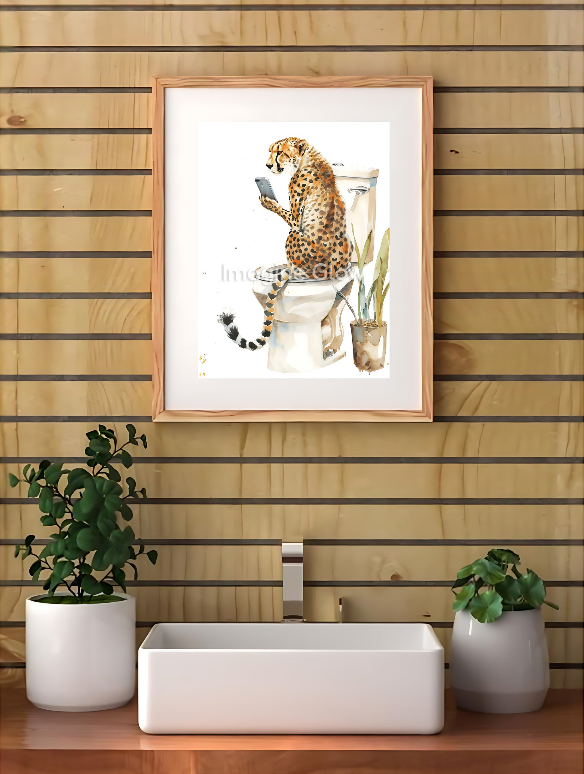 Quirky cheetah in toilet art for bathroom wall decor