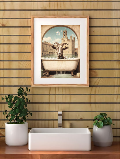 Funny bathroom wall art with a cute goat in a bathtub