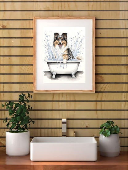 Funny bathroom wall art showcasing a cute Shetland Sheepdog in a toilet